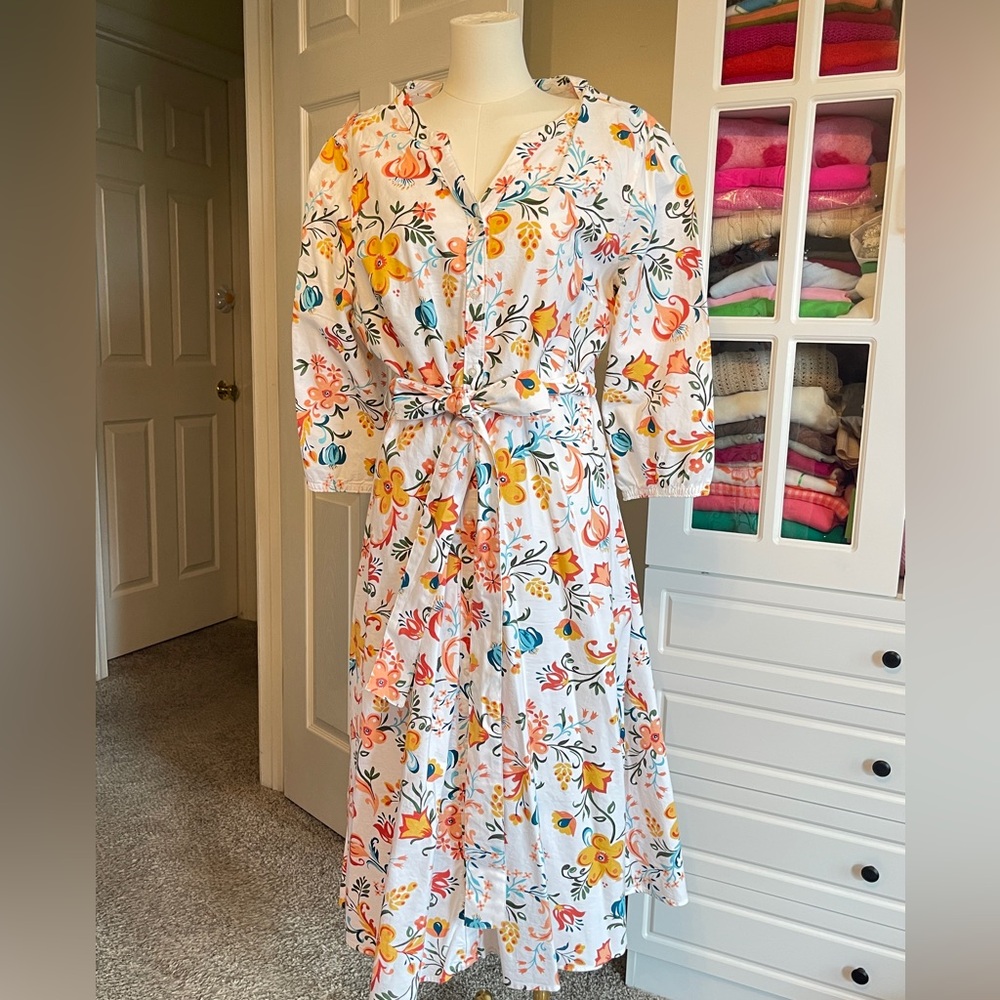 croft & barrow White Floral Midi Dress with Yellow & Teal Accents